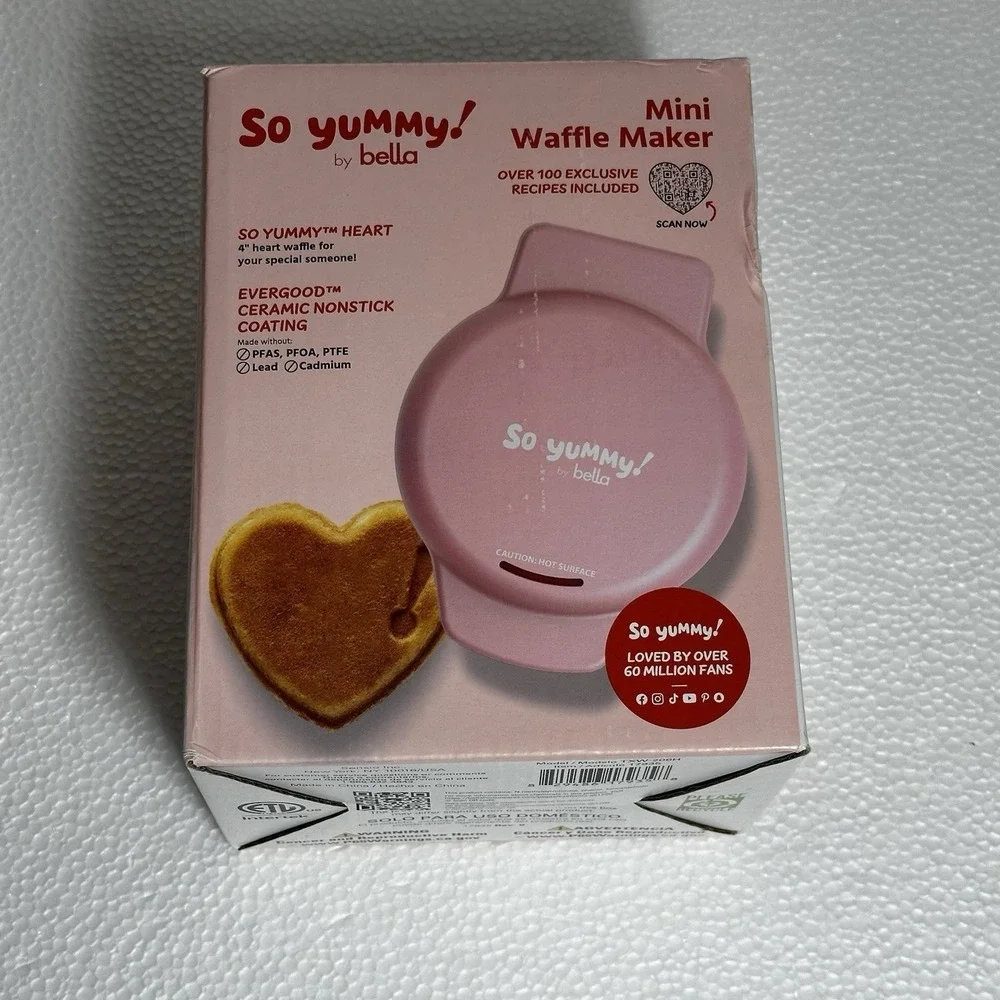 So Yummy by Bella Mini Valentine Pink Heart Shape Waffle Maker + Recipe Book NEW